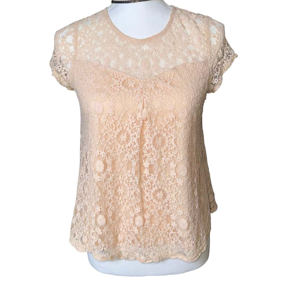 Monteau Los Angeles Beige Lace Short Sleeve Blouse Size M